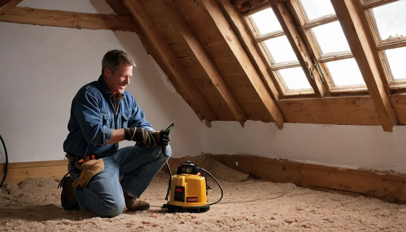 Friendly local provider inspecting an older home's attic insulation with a flashlight in the Buena area