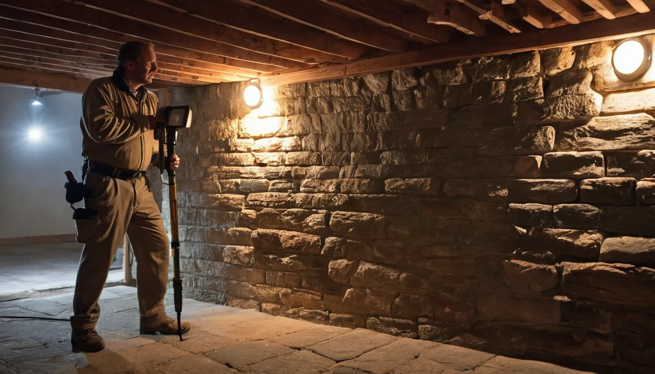 A provider inspecting the stone foundation and wood sill of an older Buena home for termites